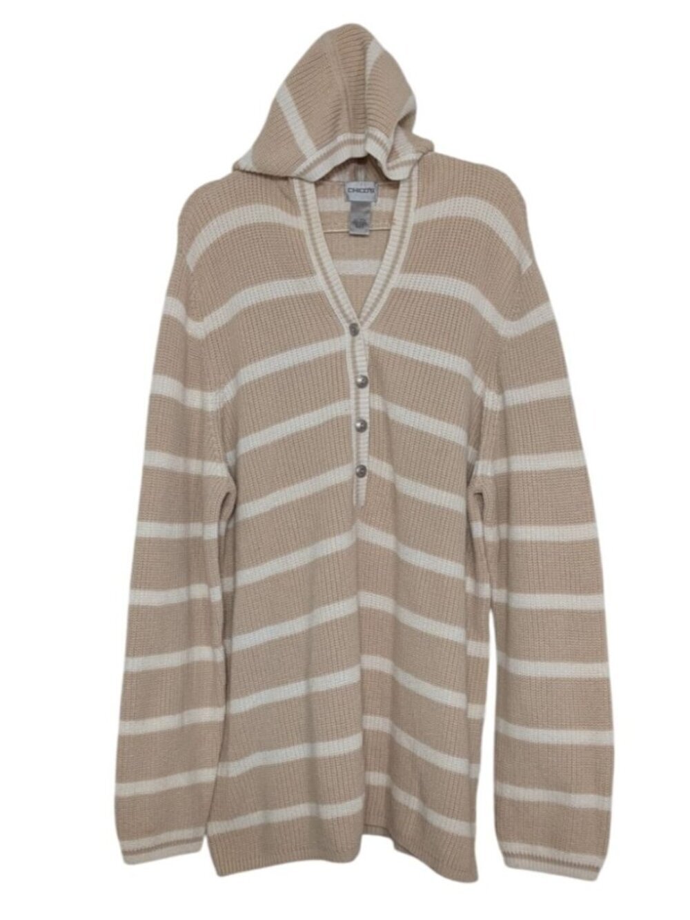 Chicos 3 Stripe Henley Sweater Womens Size XL Beige White Knit Hooded Pullover